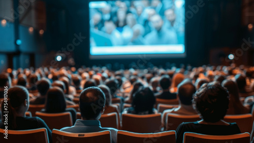 Dynamic business and education concept. Audience in conference seminar with large media screen displaying a compelling presentation. Back view engagement.