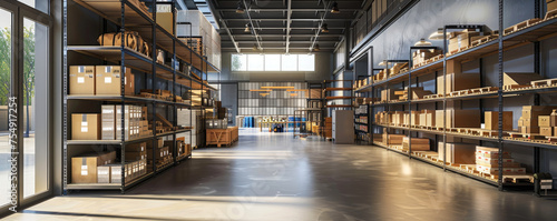 Postal office. A post office warehouse filled with cardboard boxes and parcels. A large warehouse with modernized equipment.