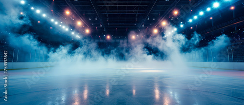 Blue Ice Rink Background. Professional Arena illuminated neon lights  spotlights with smoke. Copyspace. Winter poster for hockey competitions. Ice skating. Stadium. Generative ai
