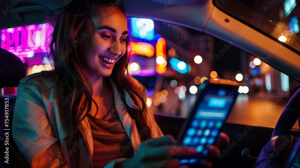 Happy Female is Commuting Home in the Backseat of a Taxi at Night. Beautiful Woman Passenger Playing Strategy Video Game on Smartphone while in a Car in Urban City Street with Working Neon Signs. Happy Female is Commuting Home in the Backseat of a Taxi at Night. Beautiful Woman Passenger Playing Strategy Video Game on Smartphone while in a Car in Urban City Street with Working Neon Signs.