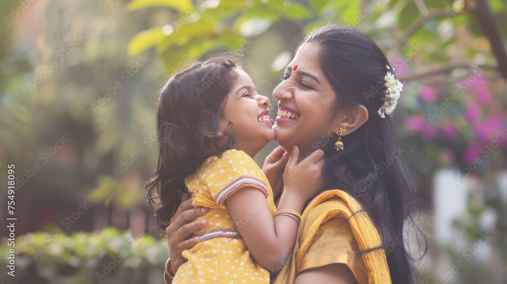 Happy Indian mother having fun with her daughter outdoors - Family and love concept - obrazy, fototapety, plakaty 