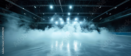  Blue Ice Rink Background. Professional Arena illuminated neon lights, spotlights with smoke. Copyspace. Winter poster for hockey competitions. Ice skating. Stadium. Generative ai © Inai