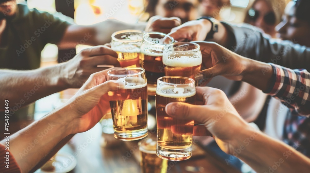Fototapeta premium Happy multiracial friends toasting beer glasses at brewery pub restaurant - Group of young people enjoying happy hour drinking alcohol sitting at bar table - Life style, food and beverage concept
