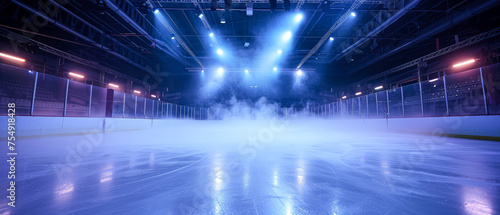  Blue Ice Rink Background. Professional Arena illuminated neon lights  spotlights with smoke. Copyspace. Winter poster for hockey competitions. Ice skating. Stadium. Generative ai