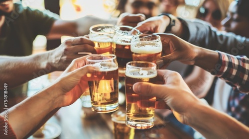 Happy multiracial friends toasting beer glasses at brewery pub restaurant - Group of young people enjoying happy hour drinking alcohol sitting at bar table - Life style, food and beverage concept