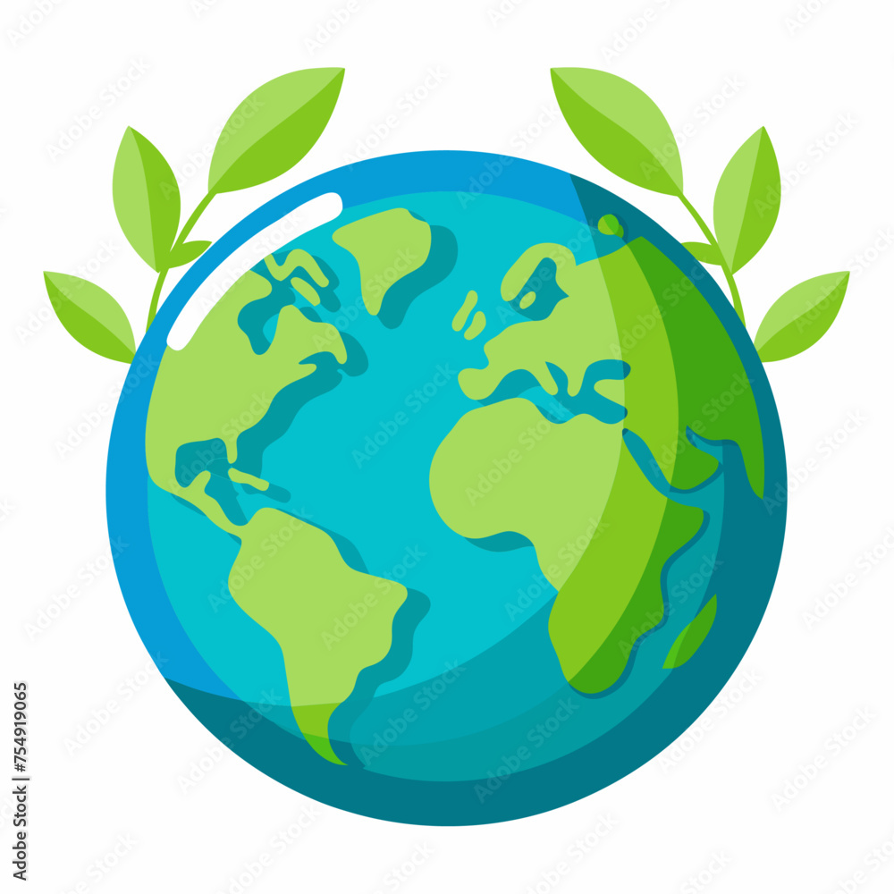 Planet earth with green leaves. Vector illustration in flat style. Isolated on white background. Planet earth with green leaves. Vector illustration in flat style. Isolated on white background.