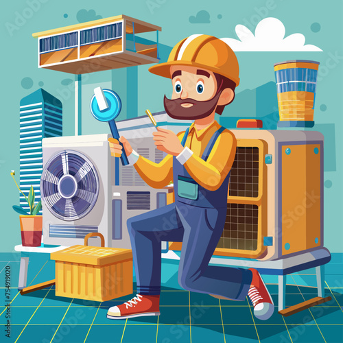 Repairman repairing the air conditioner. Cartoon vector illustration.