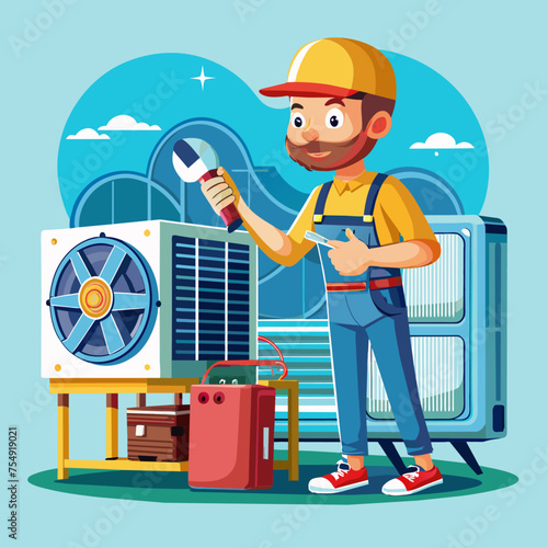 Repairman and air conditioner icon. Repair service repair and maintenance theme. Colorful design. Vector illustration