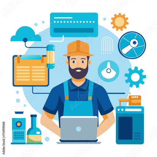 Repairman repairing the air conditioner. Vector illustration in cartoon style