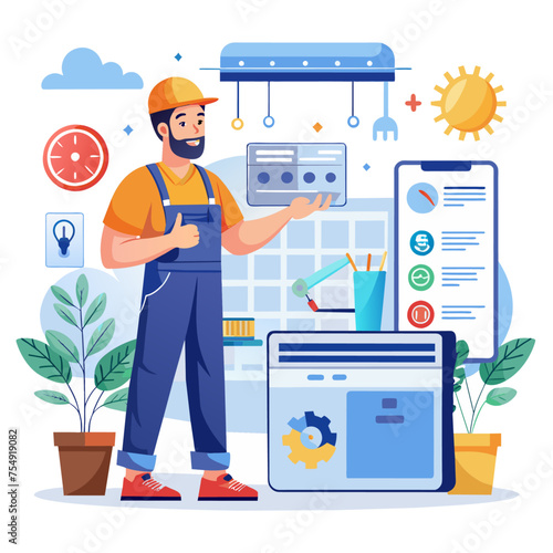 Repairman working in auto repair service flat vector illustration. Mechanic man in overalls, helmet and overalls standing near mobile phone with application on screen. Repairman service concept