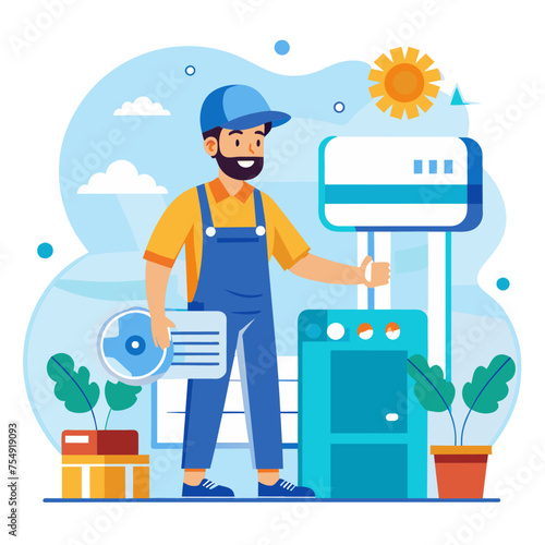 Plumber in uniform at the gas station. Flat vector illustration.