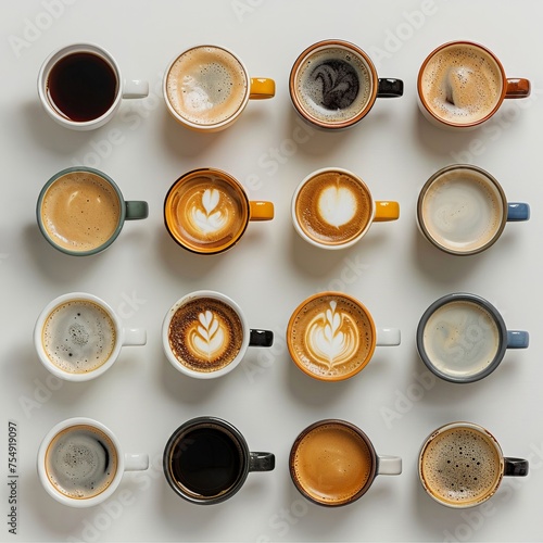 Coffee cups arranged in a geometric pattern on a white background