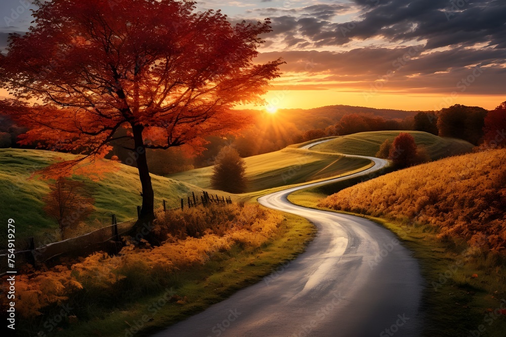 A peaceful country road winding through rolling hills and pastures, framed by vibrant autumn foliage.
