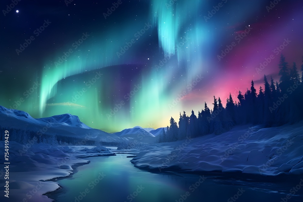 A surreal night sky ablaze with the shimmering colors of the aurora borealis, dancing above a snowy landscape.

