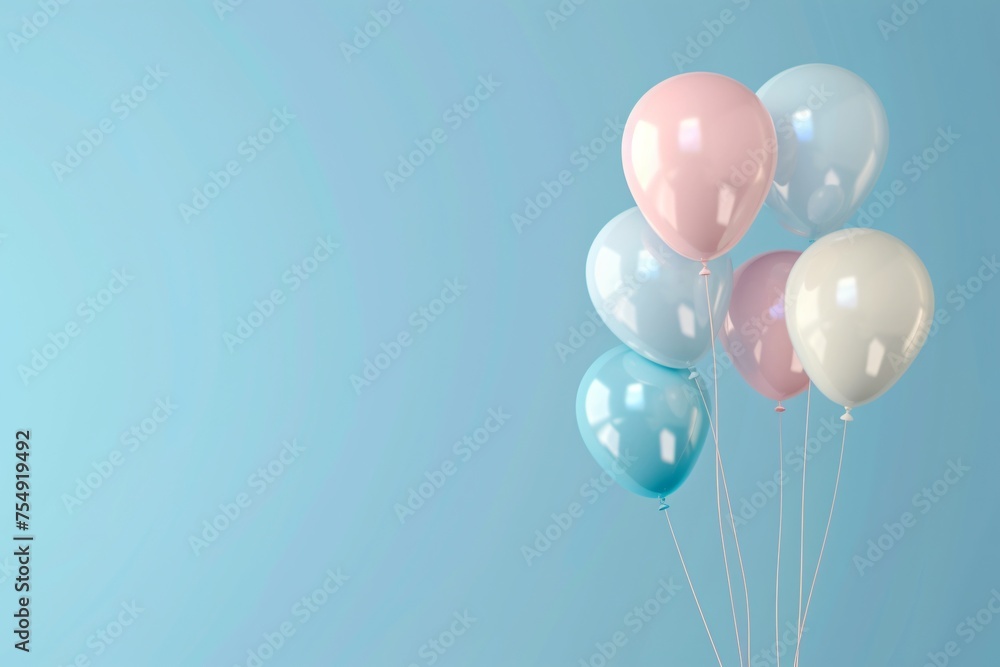 3D balloons floating gracefully on a sky blue background evoking a sense of freedom with ample copyspace