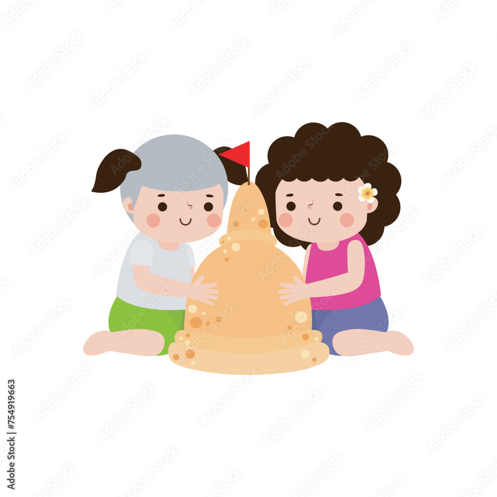 Songkran festival cute kids thai Traditional and sand pagoda Thailand Traditional New Year Day Vector Illustration template Thailand travel concept on white background