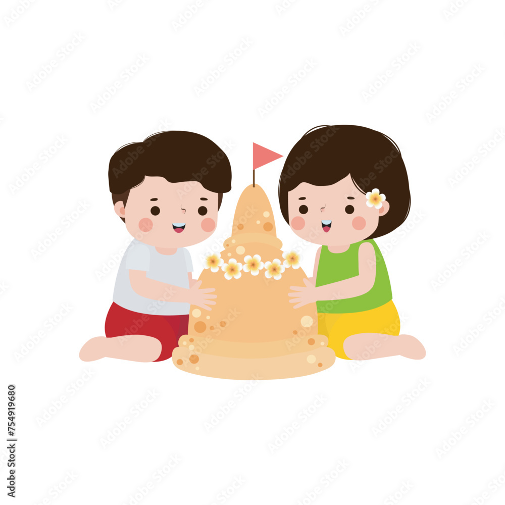 Songkran festival cute kids thai Traditional and sand pagoda Thailand Traditional New Year Day Vector Illustration template Thailand travel concept on white background Songkran festival cute kids thai Traditional and sand pagoda Thailand Traditional New Year Day Vector Illustration template Thailand travel concept on white background