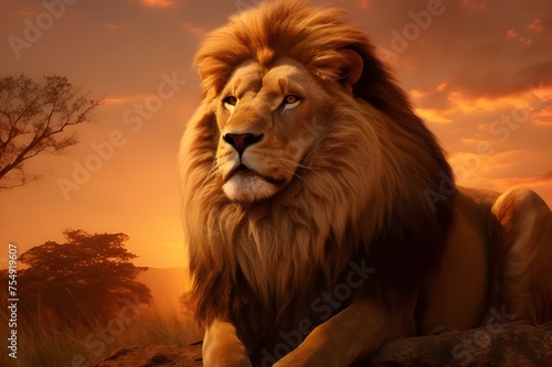 A majestic lion basking in the golden glow of the savannah sunset  its mane ablaze with fiery hues. 