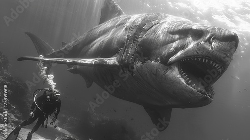 Scuba diver cautiously approaching the massive form of megalodon