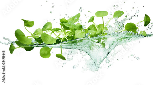 Watercress sliced pieces flying in the air with water splash isolated on transparent png. 