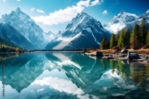 A serene mountain lake framed by towering peaks, its glassy surface reflecting the azure sky above. 