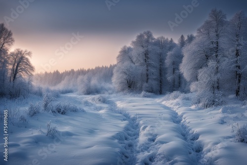 the Winter Landscape with Snow and Trees © law