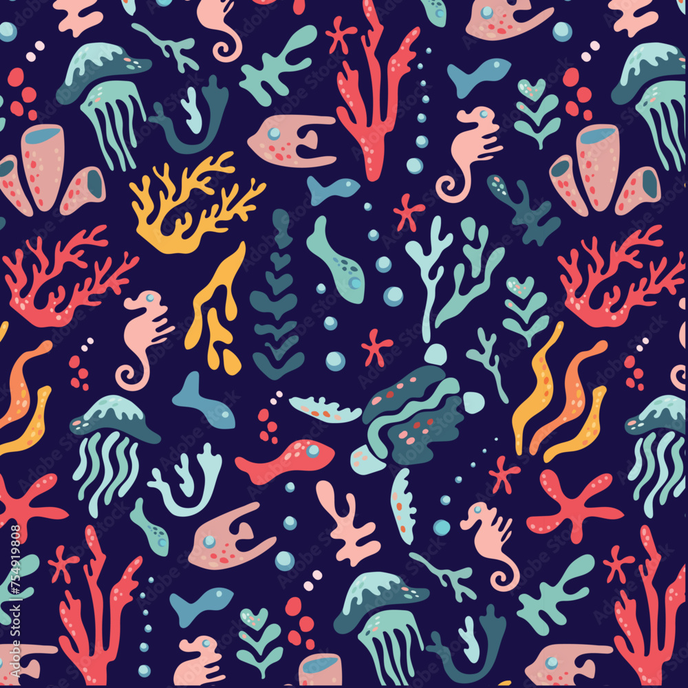 Abstract blue pattern with sea turtles, jellyfish, fish, algae and coral. Undersea world. Vector samples pattern for fabric, textile, wallpaper, cards. Abstract blue pattern with sea turtles, jellyfish, fish, algae and coral. Undersea world. Vector samples pattern for fabric, textile, wallpaper, cards.