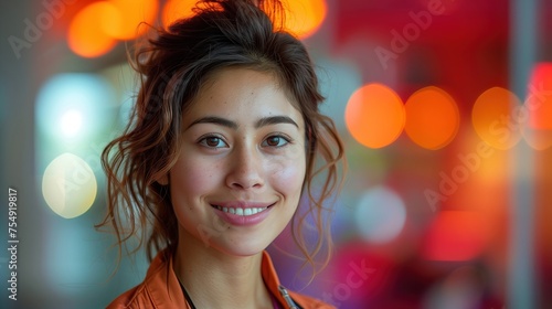 A portrait of a young woman beaming with a gentle smile, set against the vibrant bokeh lights of the city at twilight. © Paworn