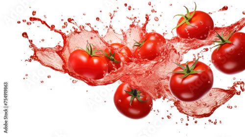 Tomato sliced pieces flying in the air with water splash isolated on transparent png.
