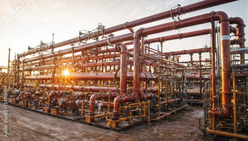 A maze of interconnected yellow pipes and valves dominates the scene inside an industrial processing facility