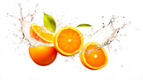 Tangerine sliced pieces flying in the air with water splash isolated on transparent png.
