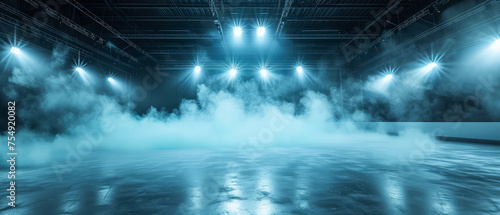  Blue Ice Rink Background. Professional Arena illuminated neon lights  spotlights with smoke. Copyspace. Winter poster for hockey competitions. Ice skating. Stadium. Generative ai