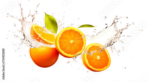 Tangerine sliced pieces flying in the air with water splash isolated on transparent png. 
