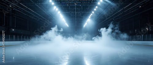  Blue Ice Rink Background. Professional Arena illuminated neon lights, spotlights with smoke. Copyspace. Winter poster for hockey competitions. Ice skating. Stadium. Generative ai