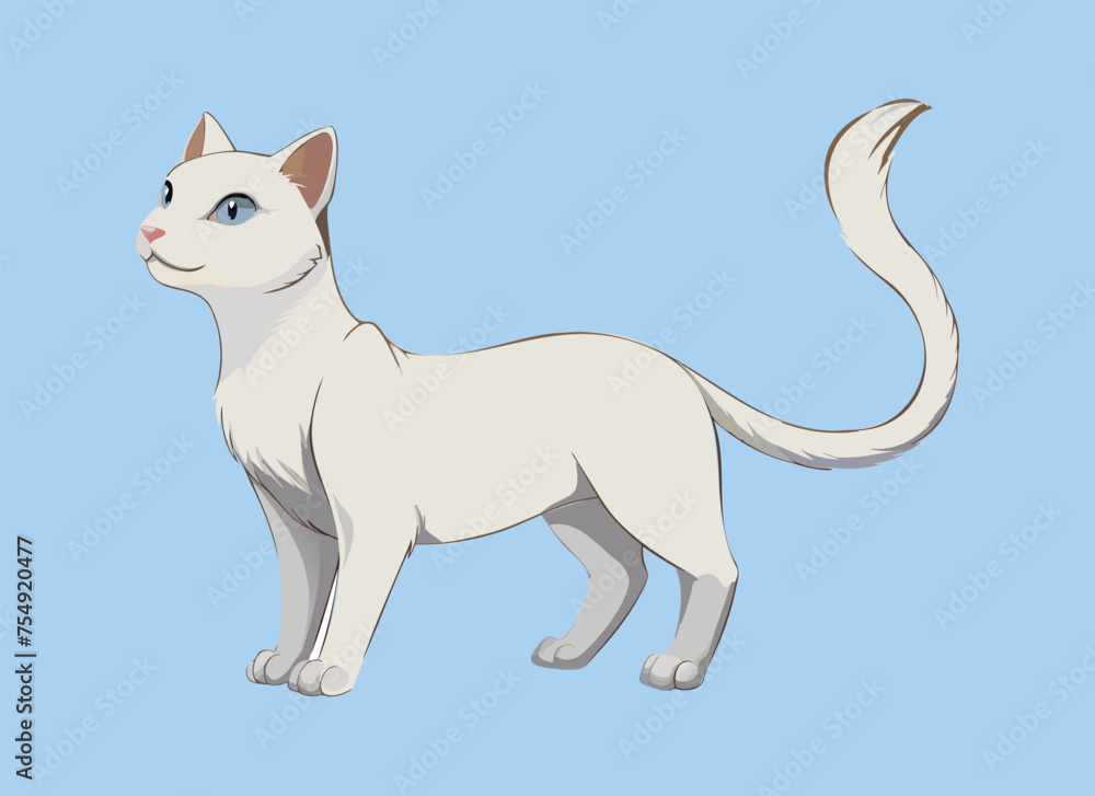 a white cat with blue eyes standing on a blue background