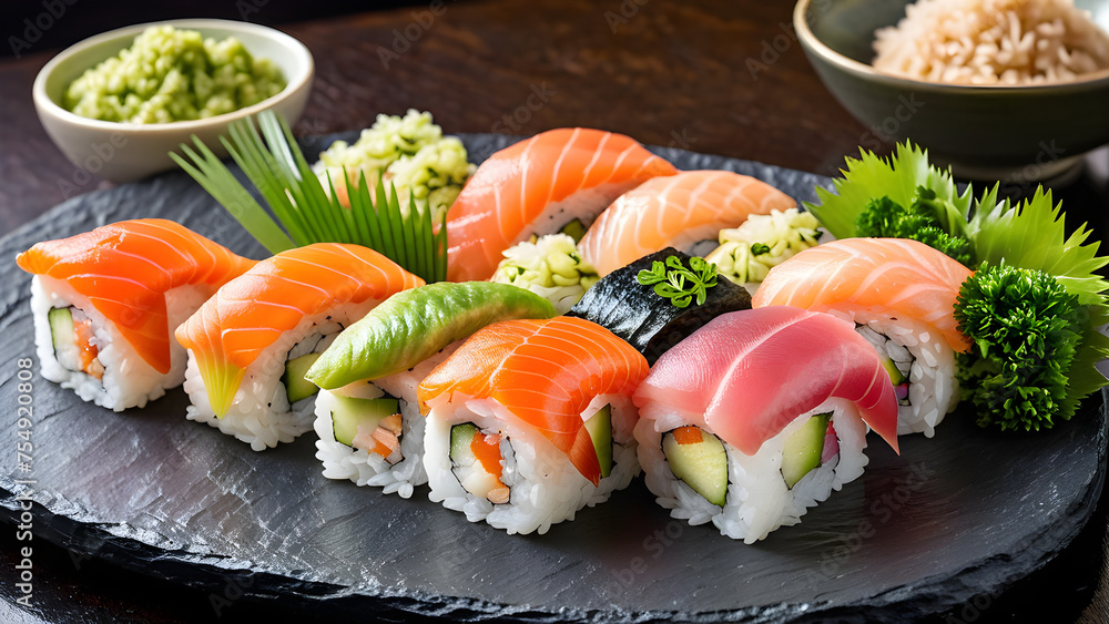 sushi on a plate, delicious sushi, japanese foods, AI generated sushi on a plate, delicious sushi, japanese foods, AI generated