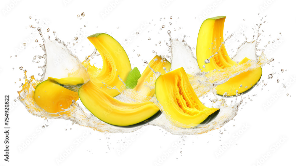 Squash sliced pieces flying in the air with water splash isolated on transparent png.
