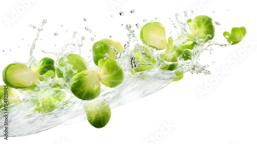 Sprouts sliced pieces flying in the air with water splash isolated on transparent png. 