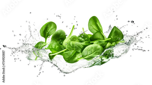 Spinach sliced pieces flying in the air with water splash isolated on transparent png. 