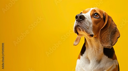 Beagle with a curious expression positioned on a sunny yellow background brightening the scene with copy space