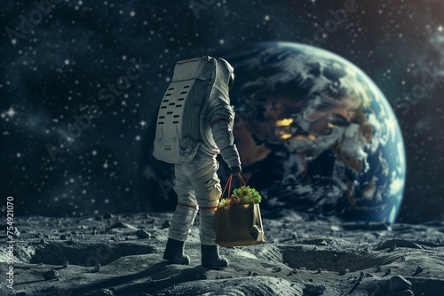 An astronaut on the Moon is carrying a shopping bag filled with fresh green groceries. Whimsical space exploration concept.