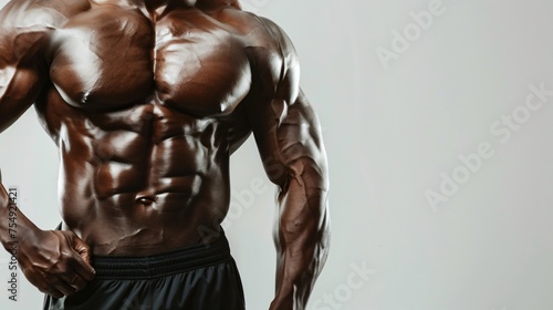 Bodybuilder with a defined six pack on a stark white background purity of focus and strength surrounded by copyspace