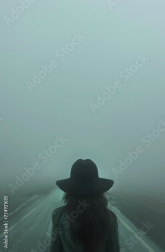 Foggy Landscape with Woman in Hat