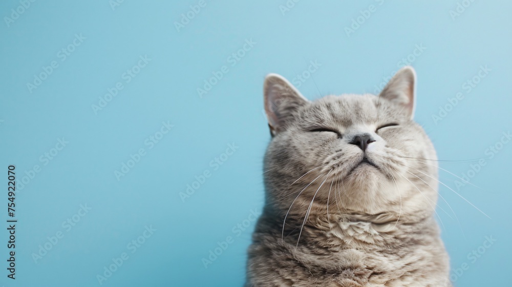 British Shorthair with a chubby cheeked smile on a pastel blue background an image of comfort and reliability with copyspace