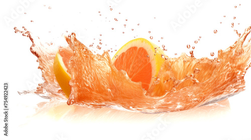 Pummelo sliced pieces flying in the air with water splash isolated on transparent png. 