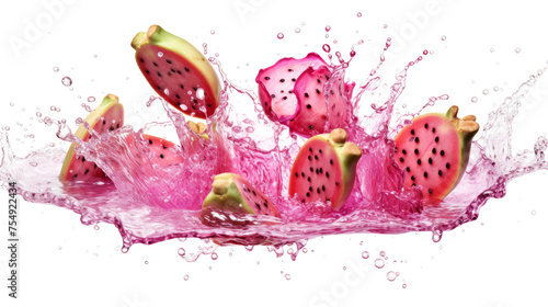 Prickly pear sliced pieces flying in the air with water splash isolated on transparent png.
