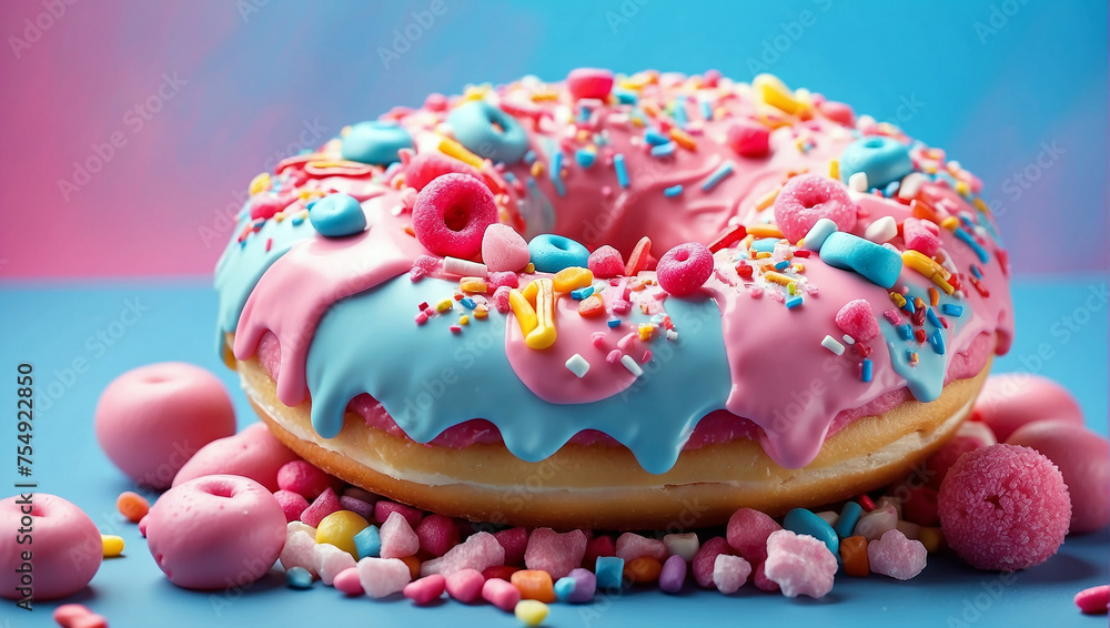 pink frosted donut, adorned with a variety of colorful candies and set against a dreamy blue background. pink frosted donut, adorned with a variety of colorful candies and set against a dreamy blue background.