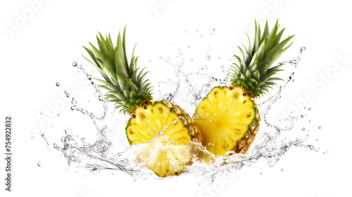 Pineapple sliced pieces flying in the air with water splash isolated on transparent png. 