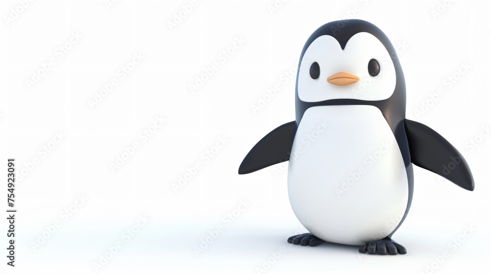 Obraz premium Chibi style 3D penguin flippers outstretched in greeting on a white background adorable and friendly with ample copyspace