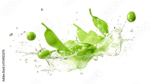 Pea sliced pieces flying in the air with water splash isolated on transparent png.
